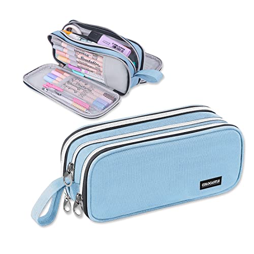 COLOCASTLE Federmäppchen Mäppchen Federmappe groß mit 3 Fächern Federtasche Mädchen Jungen Teenager Pencil Case Schlamppermäppchen für Schule Büro (Lichtblau) von COLOCASTLE