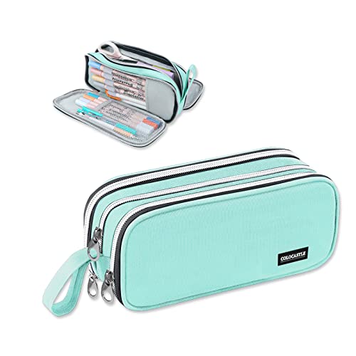 COLOCASTLE Federmäppchen Mäppchen Federmappe groß mit 3 Fächern Federtasche Mädchen Jungen Teenager Pencil Case Schlamppermäppchen für Schule Büro (Mintgrün) von COLOCASTLE