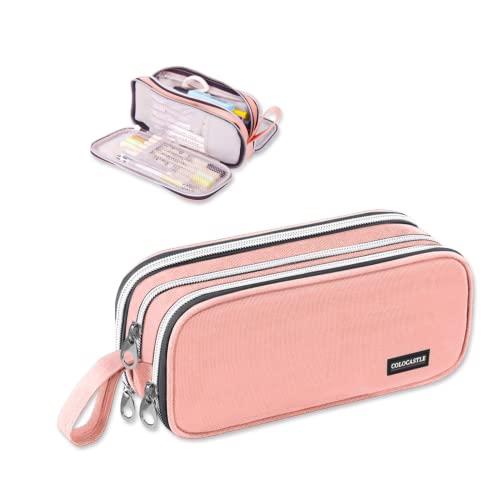 COLOCASTLE Federmäppchen Mäppchen Federmappe groß mit 3 Fächern Federtasche Mädchen Jungen Teenager Pencil Case Schlamppermäppchen für Schule Büro (Rosa) von COLOCASTLE