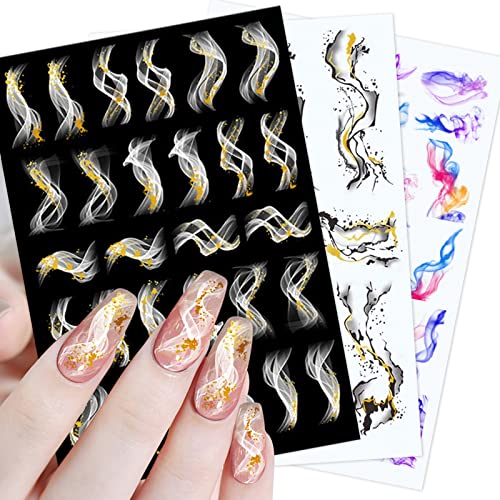 8 Blatt Nagelsticker Selbstklebend Gold Folie Schwarz Linie Blätter French Spitze Nagelaufkleber DIY Nageldesign Nailart Aufkleber Nail Art Sticker Nageldeko für Frau Damen von COLOFALLA