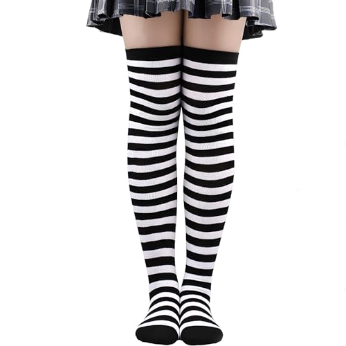 COLOFALLA 1 Paar Karneval Kniestrümpfe Damen Schwarz Weiß Streifen Polyester Kniestrümpfe Damen Modern 36-42 Zubehör für Karneval Party Cosplay Halloween von COLOFALLA