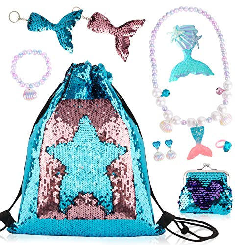 COLOFALLA 10 Stück Meerjungfrau Geschenke Set Party Mitgebsel Rucksack Kindergeburtstag Gastgeschenke für Mädchen Weihnachten Einschulung Glitzer Schlüsselanhänger Accessoires von COLOFALLA