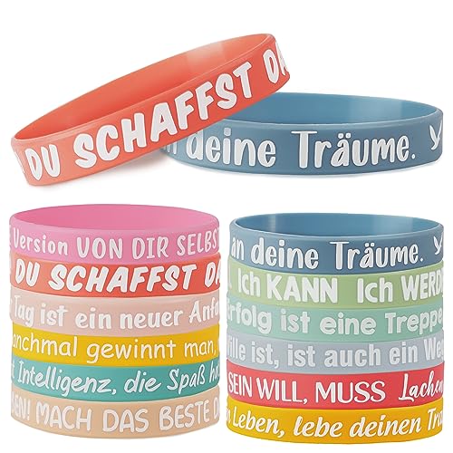 COLOFALLA 12 Stk Motivationsarmbänder auf Deutsch mit Inspirierenden Sprüchen Silikon Armbänder Mutmacher Geschenke Party Mitgebsel Accessoires für Teenager Kinder Schüler Studenten (B) von COLOFALLA