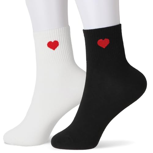 COLOFALLA 2 Paar Damen Socken mit Herz Weiß Schwarz Damensocken mit Rot Herzen Valentinstag Geschenke Stylische Socken Sportsocken Damen Frau aus Baumwolle von COLOFALLA