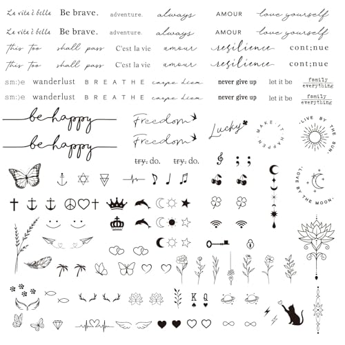 COLOFALLA 3 Blätter 130+ pcs Temporäre Tattoos langanhaltend Fake Tattoos Wasserfest Tattoos zum Aufkleben Klein Sprüche für Frauen Mann von COLOFALLA