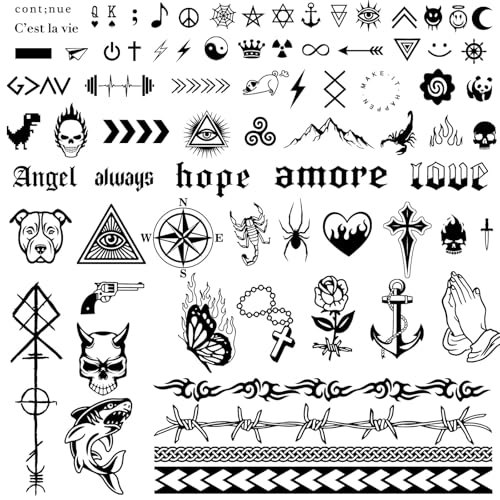 COLOFALLA 3 Blätter 90+ Temporäre Tattoos - 2 Wochen Schriftzug zum Aufkleben, Fake Klebetattoos, Kleine Mustern, Coole Motive für Halloween, Männer, Frauen (A) von COLOFALLA