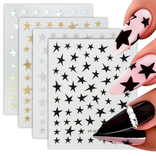 COLOFALLA 4 Blätter Nagelaufkleber Sterne Nagelaufkleber Holographisch Golden Schwarz Laser Silbern Nail Art Sticker DIY Nageldesign Aufkleber Nageldeko für Frau Damen von COLOFALLA