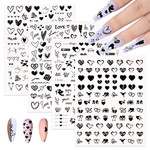 COLOFALLA 4 Blatt Nagelsticker Selbstklebend Herzen Schwarz Nagelaufkleber Valentinstag Liebe Geschenke DIY Nagel Kunst Deko Nail Art Aufkleber Sticker Accessoires von COLOFALLA