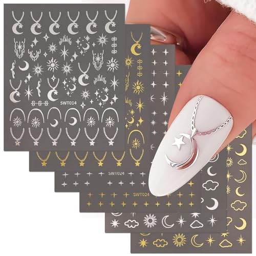 COLOFALLA 216 pcs Nagelsticker Selbstklebend Nagelaufkleber Stern und Mund Golden Silbern DIY Nageldesign Nailart Aufkleber Nail Art Sticker Nageldeko für Frau Damen von COLOFALLA