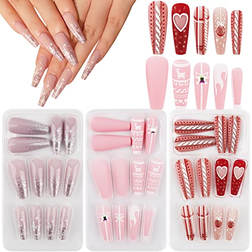 COLOFALLA 72 Pcs Weihnachten Künstliche Nägel zum Aufkleben Lang Französisch Hellrosa Rot Flasche Nägel DIY Fingernägel Nagelkunst für Frauen Damen (B) von COLOFALLA