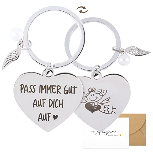 COLOFALLA Schlüsselanhänger Herz mit Gravur beidseitig Pass auf dich auf Schutzengel Schlüsselanhänger Glücksbringer Prüfung Führerschein Schutzengel Anhänger Valentinstag Geburtstag Geschenk für Sie von COLOFALLA