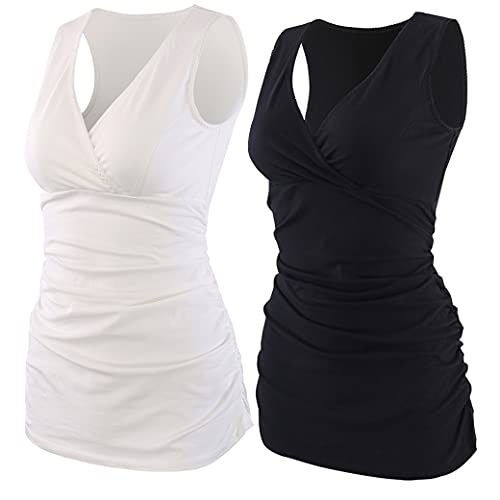 COLOMI Damen Umstandsoberteile Ärmellos Stillshirt Umstandsshirt V-Neck Nursing Tops Umstandsmode (Black+White/2Pack, S) von COLOMI