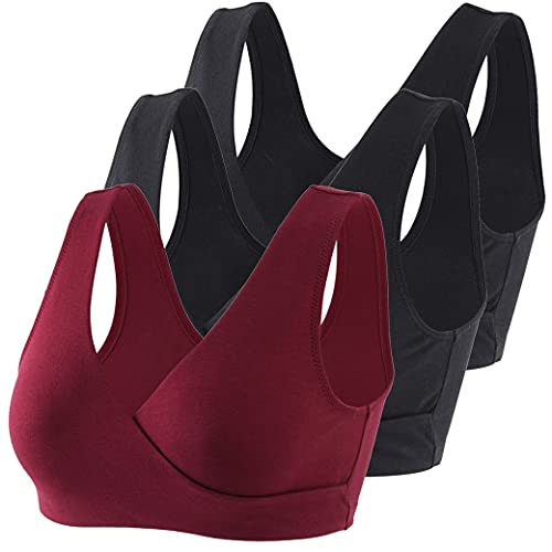 COLOMI Mutterschaft Still-BH Drahtloser Baumwolle Still-BH für Schlaf, Schwarz+Schwarz+Rotwein, XX-Large von COLOMI