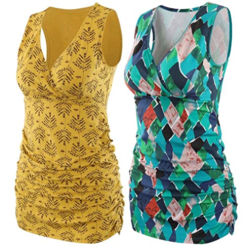 COLOMI Mutterschaft Still-Tanktop Frauen Mutterschaft Pyjama Tops Stillen Cami Schlaf BH zum Stillen, Gelb+grüner Druck/2er-Pack, Mittel von COLOMI