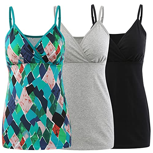 COLOMI Still-Tanktops für Mutterschaft Unterhemden für Schwangere BH zum Stillen Basic Camisole (Black+Grey+Green Print/3pack, L) von COLOMI