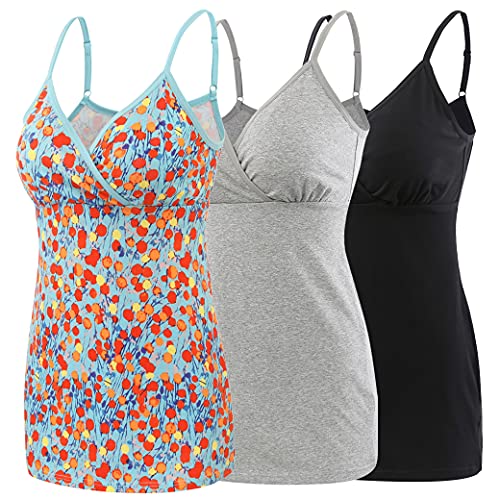 COLOMI Still-Tanktops für Mutterschaft Unterhemden für Schwangere BH zum Stillen Basic Camisole (Black+Grey+orange Print/3pack, M) von COLOMI