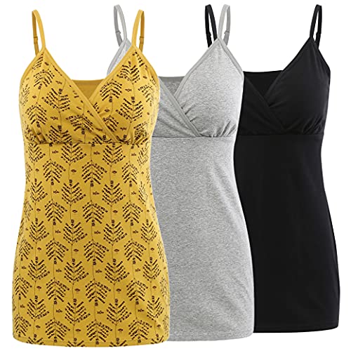 COLOMI Still-Tanktops für Mutterschaft Unterhemden für Schwangere BH zum Stillen Basic Camisole (Black+Grey+yellow/3pack, L) von COLOMI