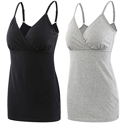 COLOMI Still-Tanktops für Mutterschaft Unterhemden für Schwangere BH zum Stillen Basic Camisole (Black+Grey/2Pack, M) von COLOMI