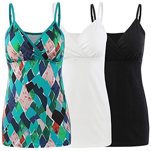 COLOMI Still-Tanktops für Mutterschaft Unterhemden für Schwangere BH zum Stillen Basic Camisole (Black+White+Green Print/3pack, XL) von COLOMI