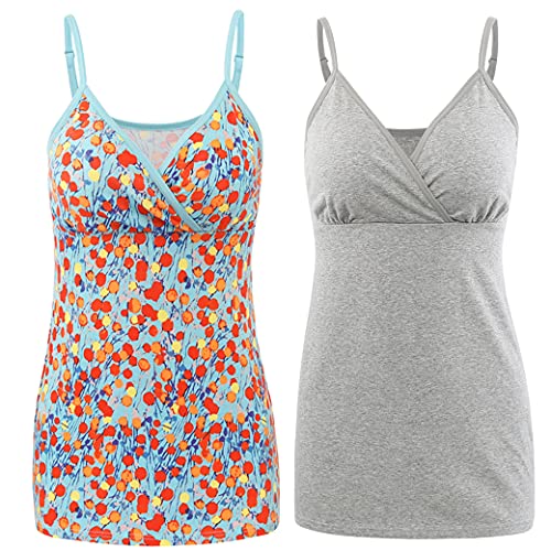 COLOMI Still-Tanktops für Mutterschaft Unterhemden für Schwangere BH zum Stillen Basic Camisole (Grey+orange Print/2pack, L) von COLOMI