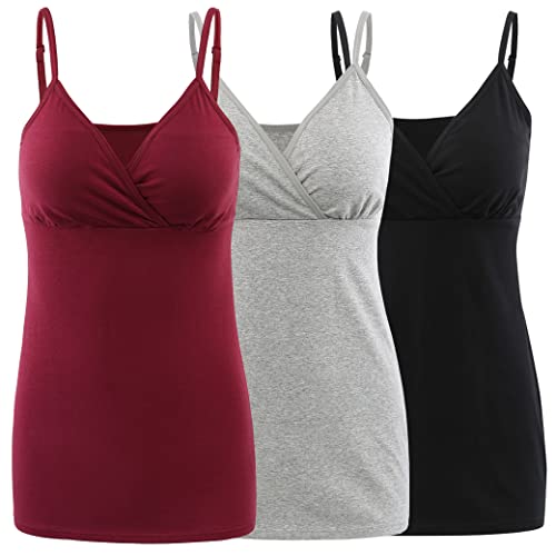 COLOMI Still-Tanktops für Mutterschaft Unterhemden für Schwangere BH zum Stillen Basic Camisole (M,Black+Grey+Red Wine/3Pack) von COLOMI