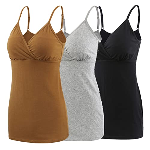 COLOMI Still-Tanktops für Mutterschaft Unterhemden für Schwangere BH zum Stillen Basic Camisole (XL,Black+Grey+Olive/3Pack) von COLOMI