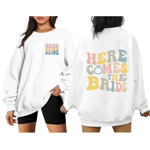 COLORFUL BLING Bride Sweatshirt für Frauen I Said Yes Verlobte Geschenk Hochzeit Party Pullover Oversized Casual Crewneck Tops, Braut, L von COLORFUL BLING