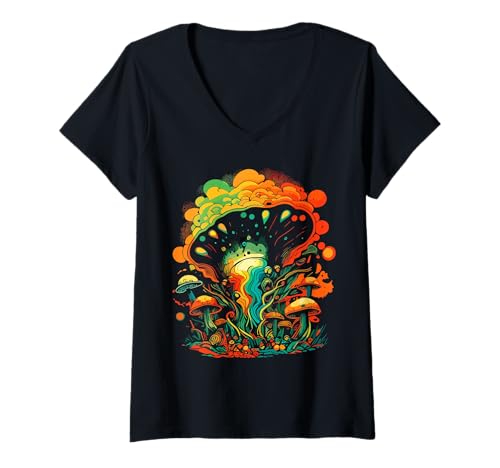 Damen Bunter Pilz. Orange, Grün, Rot, Gelb, lustige Hippie-Farben T-Shirt mit V-Ausschnitt Damen Bunter Pilz. Orange, Grün, Rot, Gelb, lustige Hippie-Farben T-Shirt mit V-Ausschnitt von COLORFUL MUSHROOM, FUN BRIGHT HIPPY COLORS,