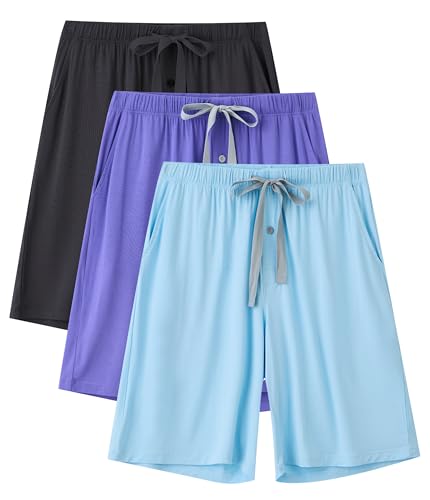 COLORFULLEA Schlafanzughose Herren Kurz Pyjama Hose Männer Schlafhose Bambus-Viskose Nachtwäsche Shorts mit Kordelzug 3er Pack(3C,L) von COLORFULLEAF