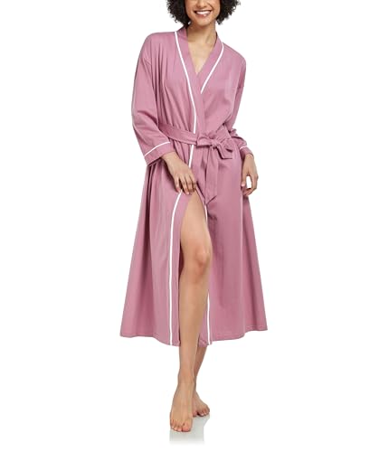 COLORFULLEAF 100% Baumwolle Bademantel Damen Leicht Lange Sauna Morgenmantel Langarm Weiche Kimono mit Taschen Frauen Nachtwäsche(Dusty Rose,L) von COLORFULLEAF