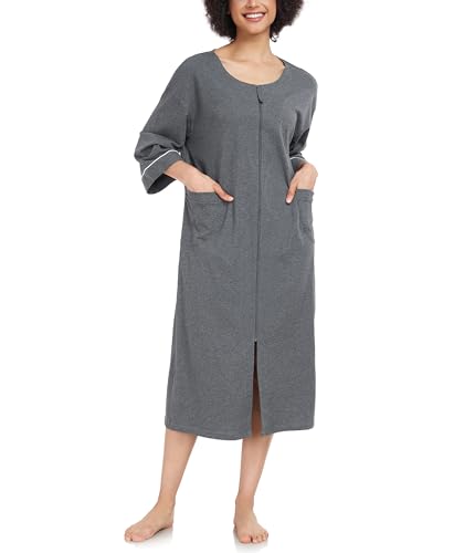 COLORFULLEAF Damen Bademantel mit Reissverschluss 100% Baumwolle Leicht Morgenmantel Hausmantel Damen Lang mit Taschen M-XXL(Dunkelgrau,XL) von COLORFULLEAF