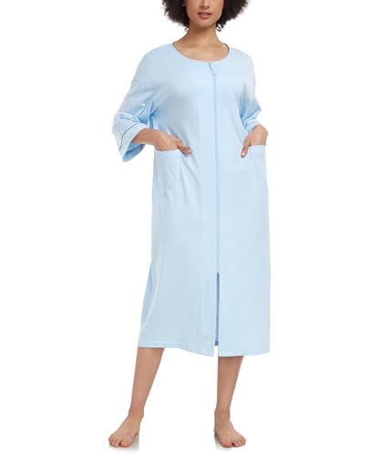 COLORFULLEAF Damen Bademantel mit Reissverschluss 100% Baumwolle Leicht Morgenmantel Hausmantel Damen Lang mit Taschen M-XXL(Hellblau,M) von COLORFULLEAF