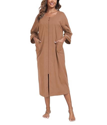 COLORFULLEAF Damen Bademantel mit Reissverschluss 100% Baumwolle Leicht Morgenmantel Hausmantel Damen Lang mit Taschen M-XXL(Braun,XL) von COLORFULLEAF