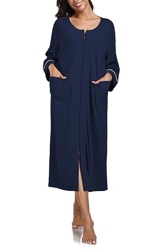 COLORFULLEAF Damen Bademantel mit Reissverschluss 100% Baumwolle Leicht Morgenmantel Hausmantel Damen Lang mit Taschen M-XXL(Marineblau,2XL) von COLORFULLEAF