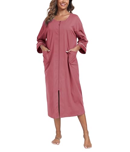 COLORFULLEAF Damen Bademantel mit Reissverschluss 100% Baumwolle Leicht Morgenmantel Hausmantel Damen Lang mit Taschen M-XXL(Purpurrot,M) von COLORFULLEAF