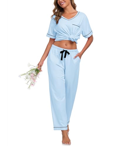 COLORFULLEAF 100% Baumwolle Damen Schlafanzug Pyjama Zweiteiliger Lounge Set V-Ausschnitt Nachtwäsche Kurzarm Lange Hose Hausanzug（Hellblau，2XL） von COLORFULLEAF