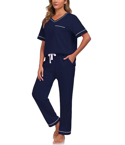 COLORFULLEAF 100% Baumwolle Damen Schlafanzug Pyjama Zweiteiliger Lounge Set V-Ausschnitt Nachtwäsche Kurzarm Lange Hose Hausanzug（Navy Blau，S） von COLORFULLEAF