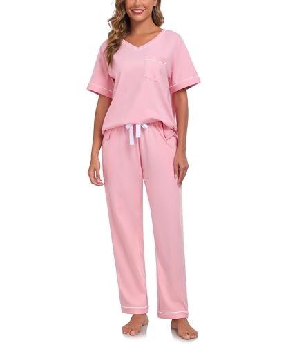 COLORFULLEAF 100% Baumwolle Damen Schlafanzug Pyjama Zweiteiliger Lounge Set V-Ausschnitt Nachtwäsche Kurzarm Lange Hose Hausanzug（Rosa，XL） von COLORFULLEAF