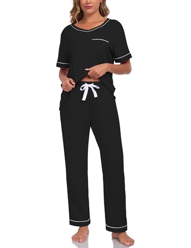 COLORFULLEAF 100% Baumwolle Damen Schlafanzug Pyjama Zweiteiliger Lounge Set V-Ausschnitt Nachtwäsche Kurzarm Lange Hose Hausanzug（Schwarz，L） von COLORFULLEAF