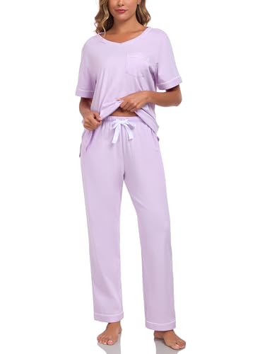 COLORFULLEAF 100% Baumwolle Damen Schlafanzug Pyjama Zweiteiliger Lounge Set V-Ausschnitt Nachtwäsche Kurzarm Lange Hose Hausanzug（Violett，XL） von COLORFULLEAF