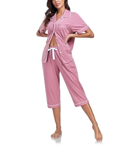 COLORFULLEAF Damen Schlafanzug aus 100% Baumwolle Sommer Pyjama Capri Set Zweiteiliger Kurzarm Top mit Knöpfe und 3/4 Hose(Düstere Rose,S) von COLORFULLEAF