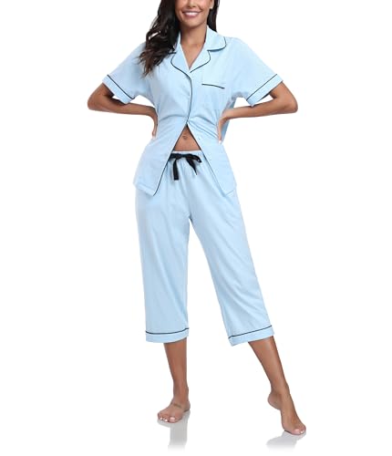 COLORFULLEAF 100% Baumwolle Damen Schlafanzug Sommer Kurz Zweiteiliger Pyjama Kurzarm Top und 3/4 Lange Capri Hose Nachtwäsche Set mit Knopf(Hellblau,XL) von COLORFULLEAF