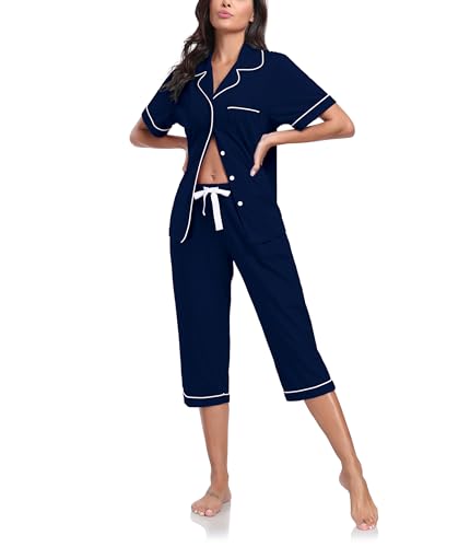 COLORFULLEAF 100% Baumwolle Damen Schlafanzug Sommer Kurz Zweiteiliger Pyjama Kurzarm Top und 3/4 Lange Capri Hose Nachtwäsche Set mit Knopf(Navy Blau,L) von COLORFULLEAF