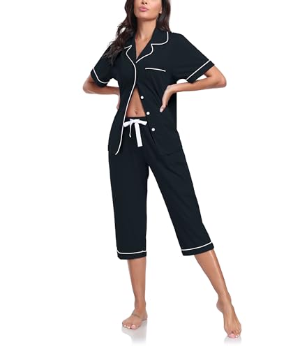 COLORFULLEAF Damen Schlafanzug aus 100% Baumwolle Sommer Pyjama Capri Set Zweiteiliger Kurzarm Top mit Knöpfe und 3/4 Hose(Schwarz,M) von COLORFULLEAF