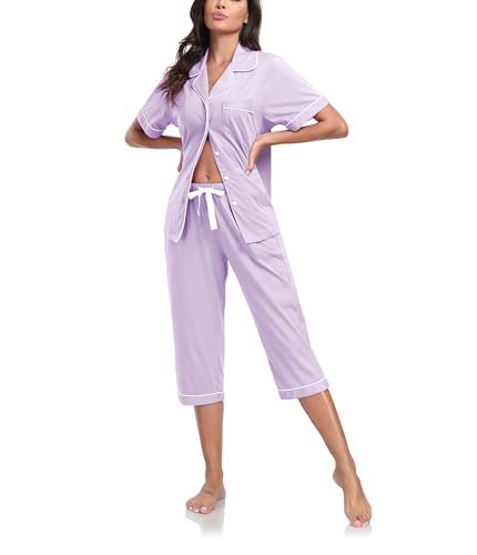 COLORFULLEAF Damen Schlafanzug aus 100% Baumwolle Sommer Pyjama Capri Set Zweiteiliger Kurzarm Top mit Knöpfe und 3/4 Hose(Violett,L) von COLORFULLEAF