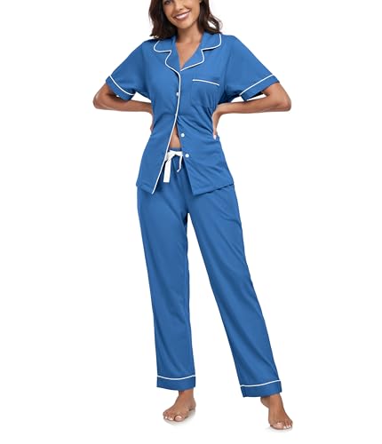 COLORFULLEAF Schlafanzug Damen mit Knopfleiste 100% Baumwolle Kurzarm Pyjama Set Zweiteiliger Oberteil und Pyjamahose Nachtwäsche(Azurblau,S) von COLORFULLEAF