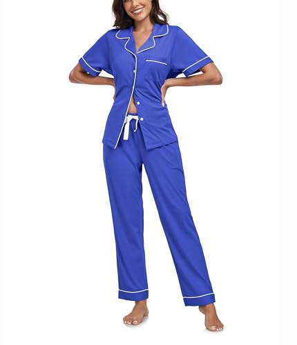 COLORFULLEAF Schlafanzug Damen mit Knopfleiste 100% Baumwolle Kurzarm Pyjama Set Zweiteiliger Oberteil und Pyjamahose Nachtwäsche(Blau,XL) von COLORFULLEAF