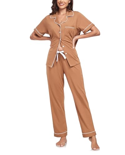 COLORFULLEAF Schlafanzug Damen mit Knopfleiste 100% Baumwolle Kurzarm Pyjama Set Zweiteiliger Oberteil und Pyjamahose Nachtwäsche(Braun,S) von COLORFULLEAF