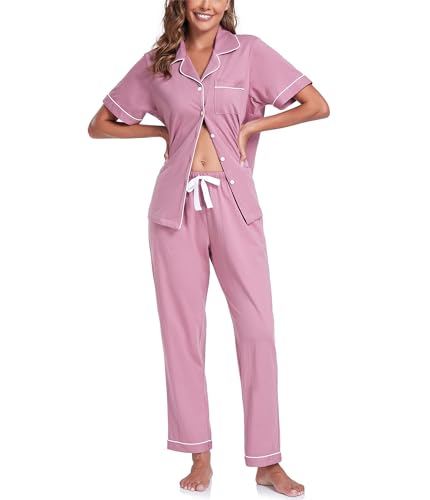 COLORFULLEAF 100% Baumwolle Damen Schlafanzug mit Knopfleiste Nachtwäsche Pyjama Set Zweiteiliger Kurzarm Lange Hose Hausanzug(Düstere Rose XL) von COLORFULLEAF