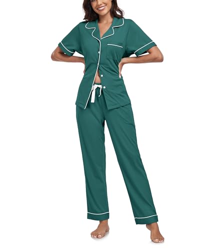 COLORFULLEAF Schlafanzug Damen mit Knopfleiste 100% Baumwolle Kurzarm Pyjama Set Zweiteiliger Oberteil und Pyjamahose Nachtwäsche(Grün,S) von COLORFULLEAF